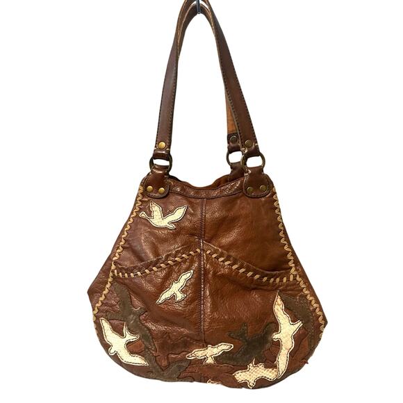 Lucky Brand Brown Leather Hobo Bag Bird Appliqué Boho Y2K Vintage